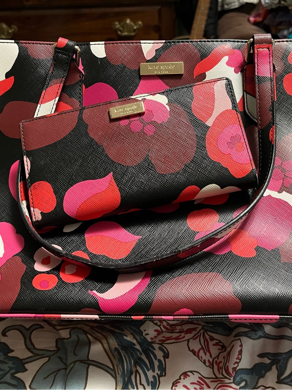 kate spade Black Floral Tote with Pink and Red Accents and matching wallet